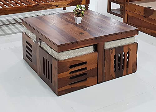 Image of Custom Decor Solid Sheesham Wood Coffee Table with 4 Stools | Center Table for Living Room with Cushioned Stools | Teapoy for Living Room (Modern, 4 Stools)