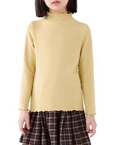 Image of ACESTAR Girls Solid Lettuce Trim Mock Neck Shirt Long Sleeve Slim Fit Ribbed Knit Tee Ruffle Tops Soft Base Layer