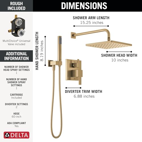 Image of Delta Modern 14 Series Square Rain Shower System Faucet Set, Rainfall Brushed Gold Shower Head and Handle Set, Valve Trim Kit, 10 Inch, Champagne Bronze 342701-CZ