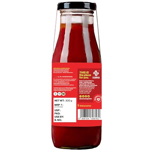 Image of Zama Organic Tomato Ketchup 300g Pack of 2 Glass Bottle | Tomato Sauce | ingredients | Tomatoes | Tangy And Raw Flavour | Traditionally produced | No artificial Dyes and flavours