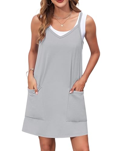 WNEEDU Sommerkleid Damen Spaghettiträger Kleider Luftige Strandkleider V-Ausschnitt Casual Latzkleid Einfarbige Freizeitkleider mit Taschen