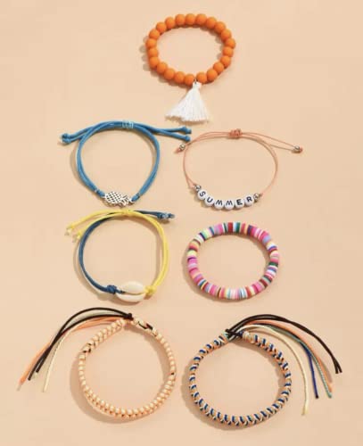 Image of pulsera brazalete veraniego surfista de cuentas y trenzas multipack, coorido, juvenil,mujer, naraja y azul