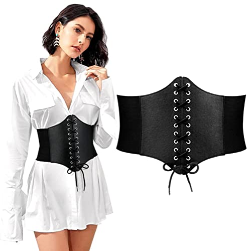 1PCS Women Corset Belt Elastic Lace-up Waist Belt Tied Waspie Waist Belt Dress Girdle for Halloween Costume Daily Wear (Black)