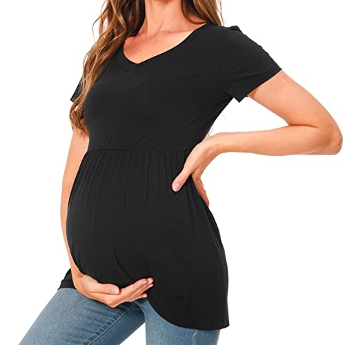 Bearsland Maternity Tops Short Sleeve V- Neck Breastfeeding Shirt Pregnancy Clothes,Black&Deep Green&Lake Blue,M #TOP4