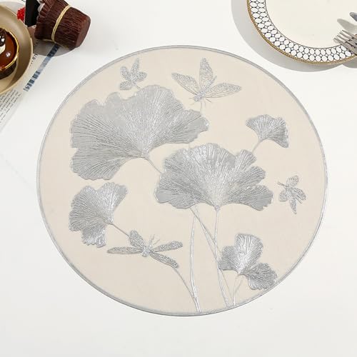 Sets de table ronds Ginkgo Biloba en cuir synthétique argenté premium - 2