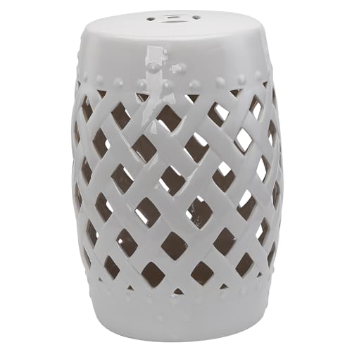 Outsunny 13 x 18 Ceramic Garden Stool with Woven Lattice Design & Glazed Strong Materials Decorative Outdoor Stool White