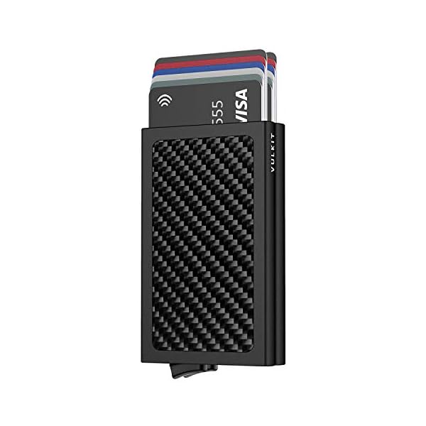 VULKIT Pop Up Wallet, Slim Minimalist Credit Card Holder RFID Blocking Metal Card Case for Men or Women, carbon fibre, Small