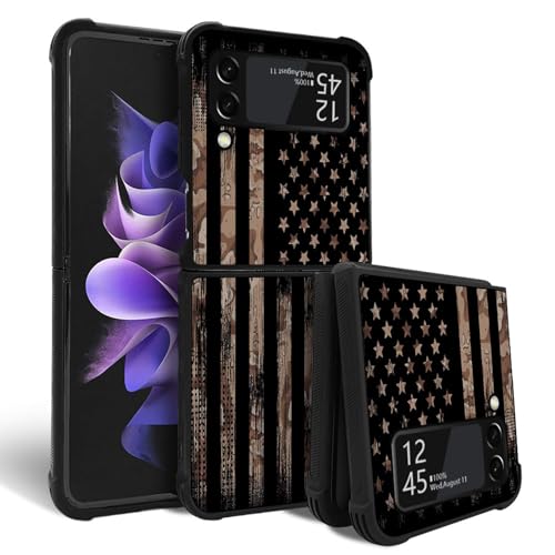 ZHEGAILIAN Case Compatible with Samsung Galaxy Z Flip 3,Wood Grain American Flag Case for Galaxy Z Flip 3,Plexiglass Four-Corner Shock-Proof Design Cover for Galaxy Z Flip 3 5G 6.7-inch