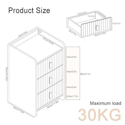 ESTUWD Mesita de noche con 3 cajones, mesitas de noche, mesilla de noche de madera con frente estriado, ahorra espacio y fácil de montar, mesita de noche para Bedroom Living Room (blanco) - imagen 3