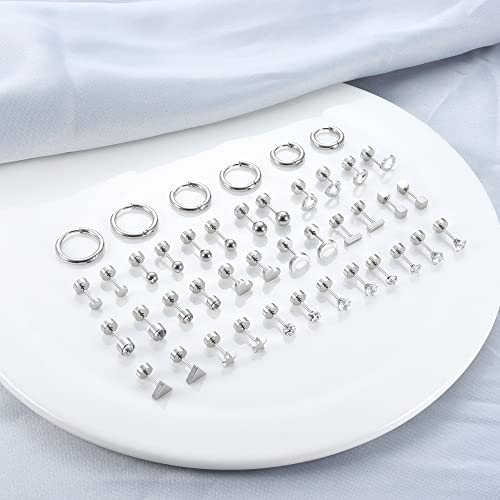 Lolias 21 Pairs Cartilage Earrings Stud Hoop Gold Studs 18K Stainless Steel Screw Flat Back Earrings Hoop Earrings For Cartilage Tragus Daith Helix Ear Piercing Set,Silver #TOP5