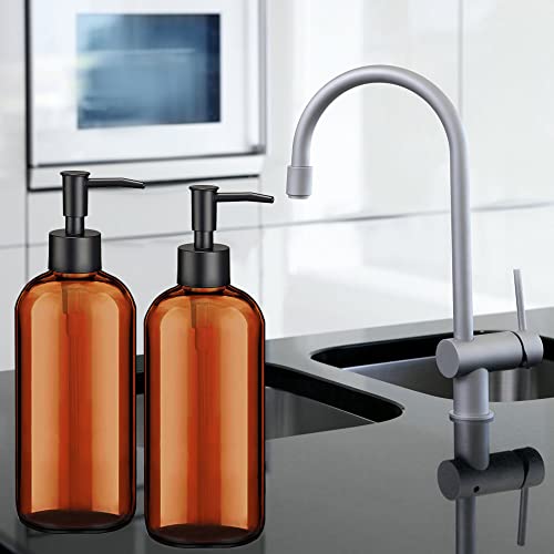 Amber Soap Dispenser With Rust Proof Pump, Waterproof Labels (2 Pack,16 Oz), Soap Dispenser Bathroom, Plastic Hand Soap Dispenser Dish Soap Dispenser For Kitchen, Premium Thick Soap Pump Bottles #TOP6