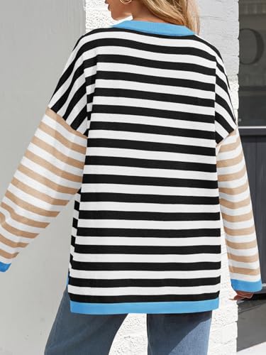 Image of Saodimallsu Womens Striped Oversized Sweaters Color Block Crew Neck Long Sleeve Loose Knit Pullover Sweater