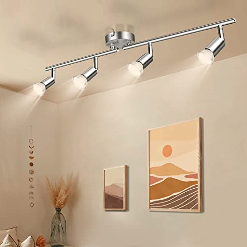 Wowatt LED Deckenleuchte Küche 4 Flammig Deckenstrahler LED Deckenleuchte Schwenkbar 4x 5W GU10 Spots Warmweiß Flur Küchenlampe 230V Deckenlampe Spotleuchte Metall Matt Nickel Verstellbar