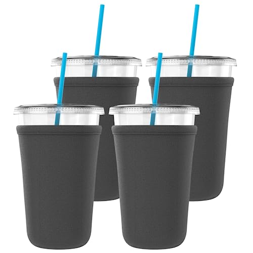 TahoeBay Iced Coffee Cold Cup Sleeve (4-Pack) Reusable Blank Neoprene Insulator Drink Sleeves 22oz - 24oz Beverage Holder for Vinyl Sublimation fits Dunkin' Medium and Starbucks Venti (Charcoal)