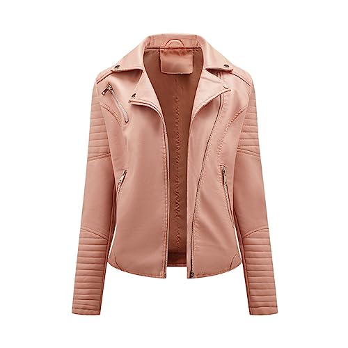 Chaqueta De Motociclista con Cremallera para Mujer, Chaqueta De Cuero Estilo Traje De Manga Larga, Abrigo De Cuero Recortado Pink EUR XL