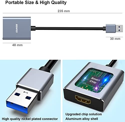 BENFEI USB 3.0 to HDMI Adapter, 1080P HDMI to USB Converter for PC Laptop Projector Monitor HDTV,Aluminium Shell( Advanced chip solution: FL2000+IT66121)
