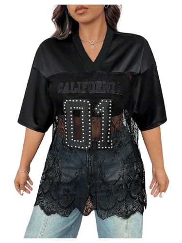 SOLY HUX Women's Plus Size Jersey Shirts Lace Sheer V Neck Half Sleeve Number Graphic Tees Casual T Shirt