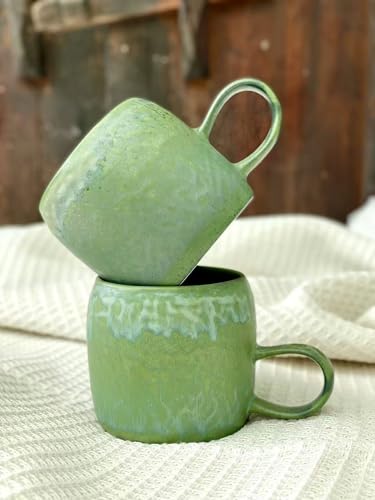 Set de 2 mugs de cerámica medianos 12 oz apilables verde miniatura 4