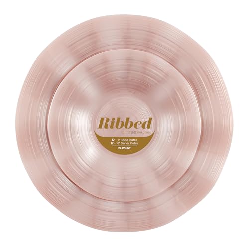 PLASTICPRO 24 Piece Combo Plastic Dinner Plates Disposable Plastic Fancy Heavy Duty Party Dishes 7 inch and 10 inch, Pearl Pink Ribbed
