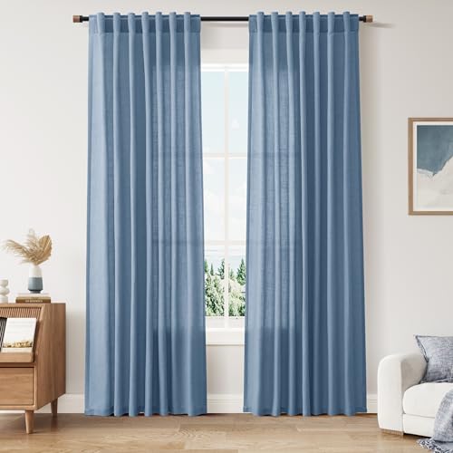Image of Nanspring Stone Blue Linen Curtains 84 Inches Long for Living Room Back Tab Luxury Light Filtering Privacy Semi Sheer Curtain Modern Farmhouse Boho Drapes for Bedroom Office 2 Panels Set 52x84