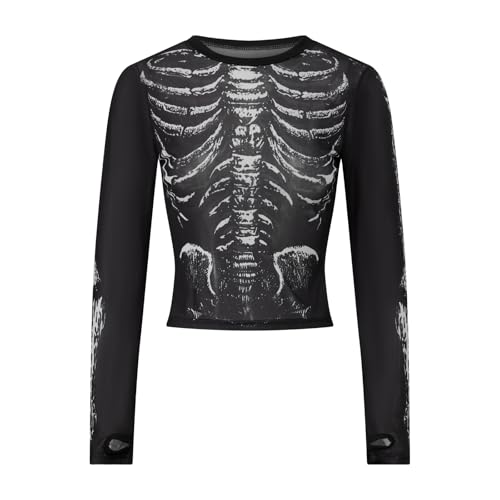 Adoeren Women Skeleton Print Mesh Shirt Gothic Graphic See Through Long Sleeve Crop Tee Blouse Slim Fit Sheer Top Party2
