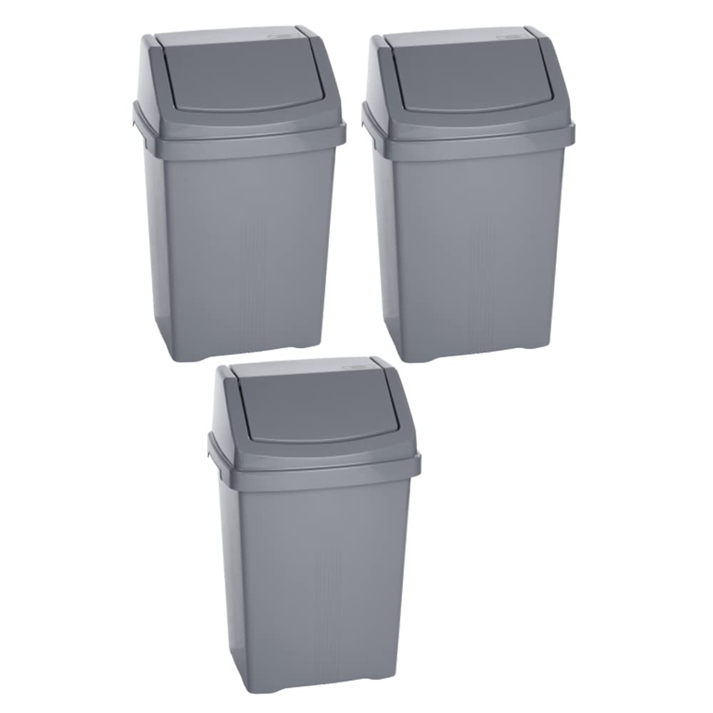 SET OF 3 - High Grade Plastic Swing Style Lid Strong Plastic Waste Rubbish Trash Under Kitchen Counter Bin For Home, Office, Kitchen (25 Litre, Silver)