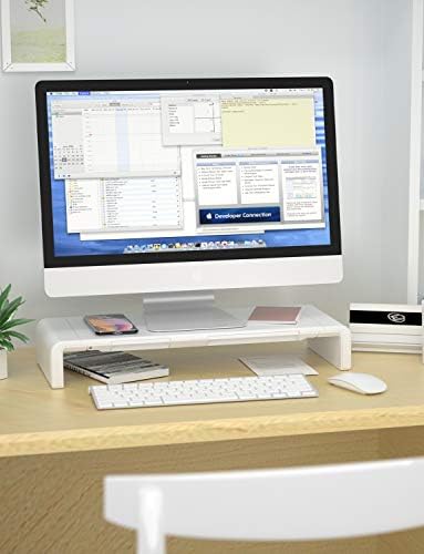 EURPMASK Computer Monitor Stand Adjustable Foldable Width Desktop Riser Storage Drawer Tablet Phone Stand 50KG Load Capacity For Monitor/Laptop/TV Printer/Fax Machine/Computer/iMac Notebook White