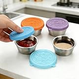 4 Pack Stainless Steel Condiment Cups with Leakproof Lids, 1.6 oz, 2.1 in Diameter, Reusable Sauce Containers for Lunch, Dressing Cups To Go, Metal Dip Containers for Meal Prep & Travel