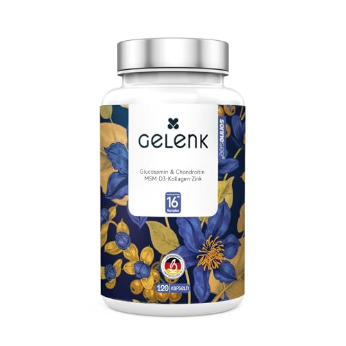 Gelenk-Komplex 16-fach – mit Glucosamin, Chondroitin, MSM, Kollagen, L-Methionin, Vitamin D3 & K2, Zink und Kurkuma – für eine normale Kollagenbildung – Sonnesee