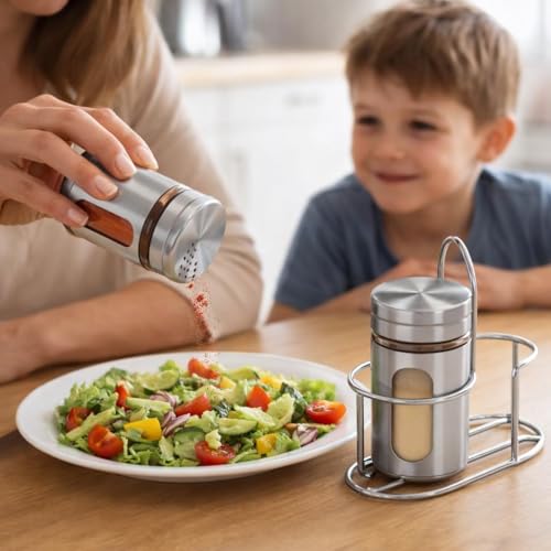Image of Stainless Steel & Glass Salt Pepper Shaker Spice Jars with Stand for Oregano, Chilli Flakes, Sugar, Seasoning Sprinkler | Dining Table Masala Box