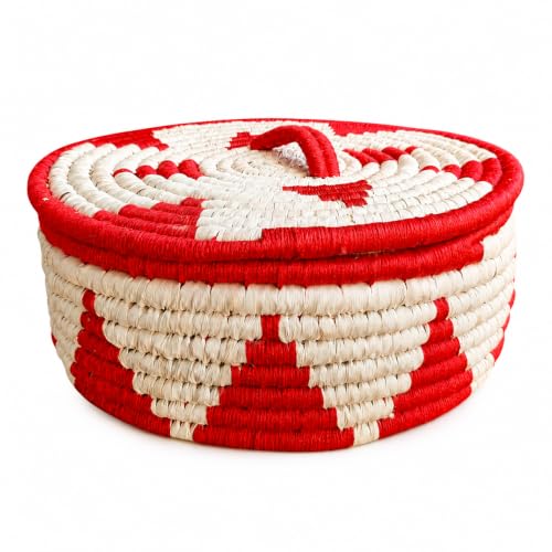 Image of Handmade Sabai Grass Date Palm Roti Box with Wooden Knob (RED TRIANGLE)