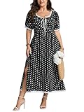 GIGZZIG Women's Plus Size Summer Dresses Short Sleeve Square Neck Milkmaid Boho Floral Split A-Line Flowy Long Dress