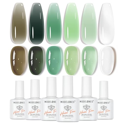 modelones Jelly Green Gel Nail Polish Set, Hema Free 6 Colors Transparent Colors Sheer White Lime Olive Emerald Shade Soak Off UV Spring Mint Sage Green Gel Nail Kit for Salon Nail Art DIY