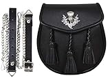 Scottish Original Leather Sporran with Leather Belt & Chain (Black Leather Sporran Thistle Badge with Three Tassels)