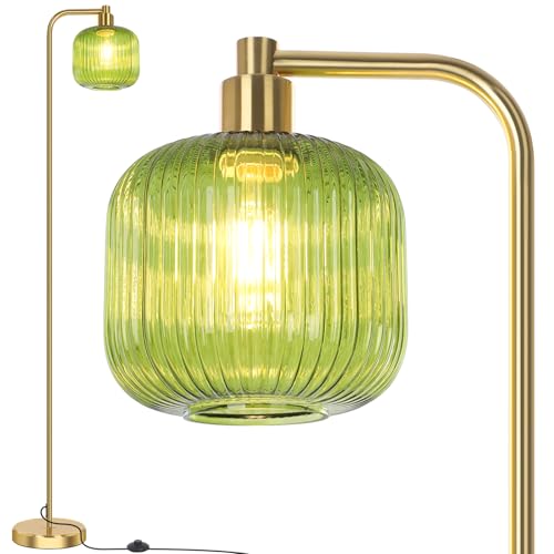 PLODAXE Glas Stehlampe für Wohnzimmer H170cm, Moderne LED Stehleuchte mit Grünem Glasschirm und Fußschalter, Boho Vintage für Schlafzimmer, Büro, Inkl. Warmweiß E27 LED Glühbirne
