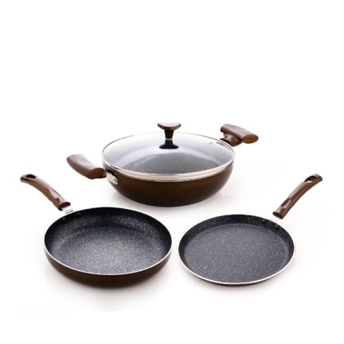 Image of Crystal Vivid Series Induction Base Non Stick Cookware Set- 4 Pcs | Tawa 250 mm + Fry Pan 240 mm + Kadai 240 mm + Glass Lid 240 mm | 3 mm Thickness | Metal Spoon Friendly