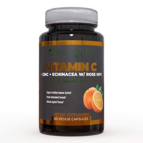 Zella Health- Vitamin C- High Potency - 1000mg Vitamin C, 100% Natural, Antioxidant Support with Zinc, Echinacea, Rose Hips - 60 Veggie Caps