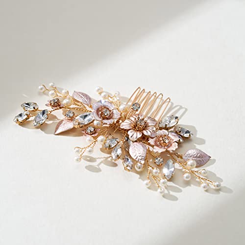 Sweetv Handmade Rose Gold Bridal Hair Comb Clip For Wedding Hair Accessories For Brides,Wedding Hair Pieces For Brides Women #TOP4