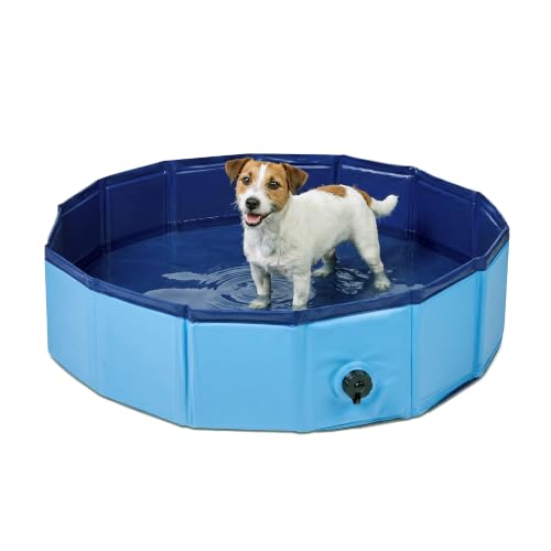 PawPride Foldable Dog Swimming Pool Paddling Pool and Bath Tub - Durable Flexible Collapsible PVC Fabric (Upgraded) Sturdy Walls Easy Drainage suitable for Dogs Cats (M) 20x75cm