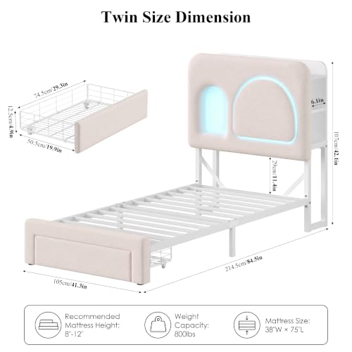 Image of Twin Bed Frame for Girls with Storage Headboard & Charging Station, Beige