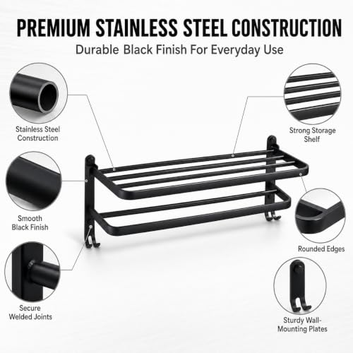 Image of ZAP Exotic Series Stainless Steel Towel Rack with Hooks, 59 CM Wall Mounted Bathroom Towel Holder, Multipurpose Storage Shelf for Towels and Clothes, Rust-Resistant Black Finish