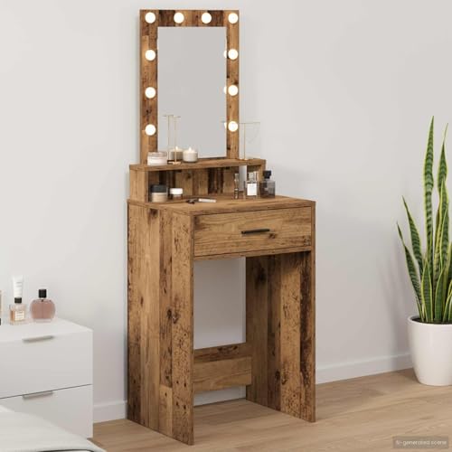 zylophax Tocador con almacenamiento marrón, 50 x 41 x 140 cm, madera con iluminación LED y conector USB para dormitorio y vestidor, mesa de maquillaje con cajones y espejo