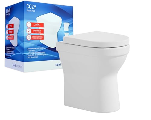 sanicomfort Cozy Stand-WC erhöht – spülrandloses Stand-WC mit 47,5 cm Sitzhöhe & Absenkautomatik, weiß