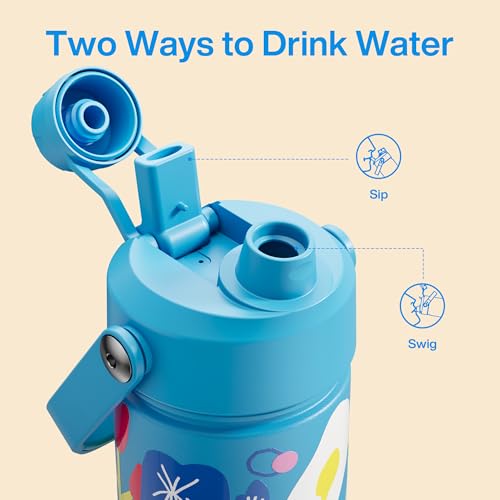Image of Kids Insualated Water Bottle with Straw,18oz Stainless Steel Water Bottle with Dual Spouts, Leak-Proof,BPA-Free,Double Wall Vacuum Keeps Cold for 24 Hours for Sports,Travel,School (Flower Cat)