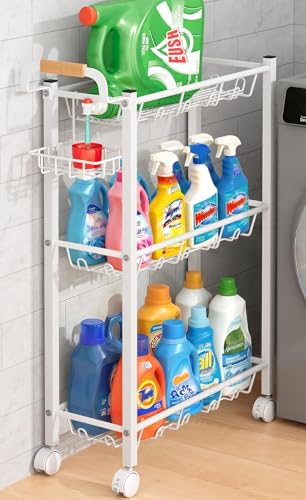 AOODA Laundry Room Cart with Top Detergent Holder Metal Rolling Storage Cart Between Washer and Dryer 3 Tier Narrow Laundry Room Organization and Storage with Wheels (White)