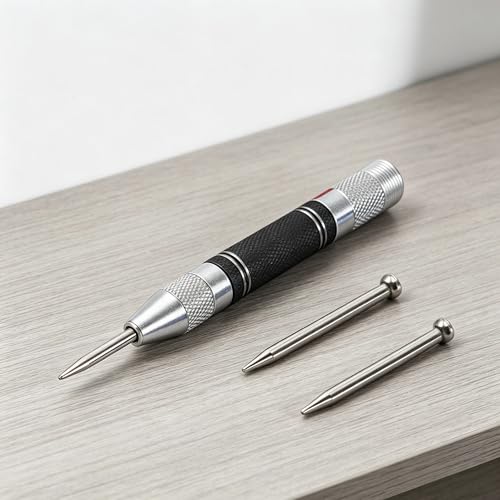 1 PCS Automatic Center Punch with 2 Extra Bits 5 Inch Heavy Duty Steel Spring Punch Tool, Adjustable Tension, Rustproof, Polished, Round Head, Suitable for Metal, Glass