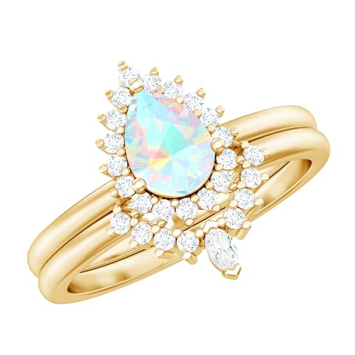 Real Opal Diamond Wedding Ring Set, Aaa Quality, Certified Rainbow Opal 5X7 mm Pear Engagement Ring with Enhancer