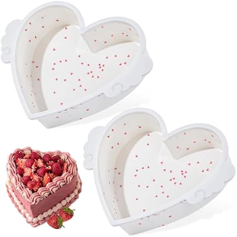 2 Pack Silicone Heart Shaped Cake Pans with Metal Reinforced Frame, 8 Inch Nonstick Heart Cake Pan, BPA Free Silicone Heart Cake Baking Mold for Oven Dishwasher Safe Cover