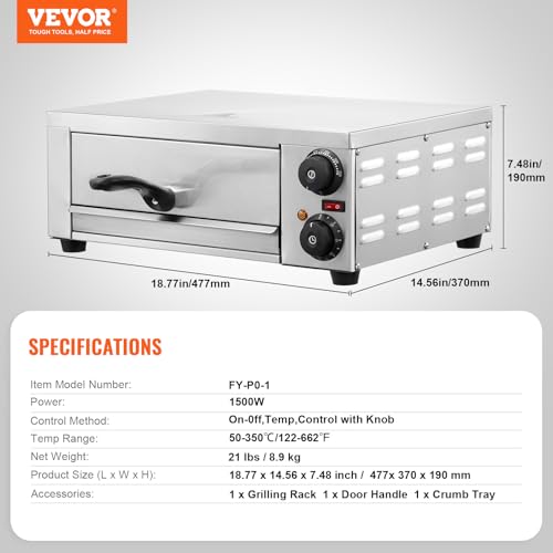 VEVOR Electric Pizza Oven for Countertops, 12-inch, 1500W, with Temp Control & 0-60 Min Timer, Even Baking Technology & Easy Clean Crumb Tray, Ideal for Both Commercial & Home Kitchens by VEVOR - Image 7