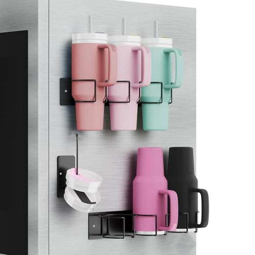 Gzsekken Magnetic Cup Holder,Magnetic Shelf Fridge for Stanley 40 Oz Metal Mug Rack for Cabinet Organizer with 4 Cup (Black) (Black, 6-CUPS)